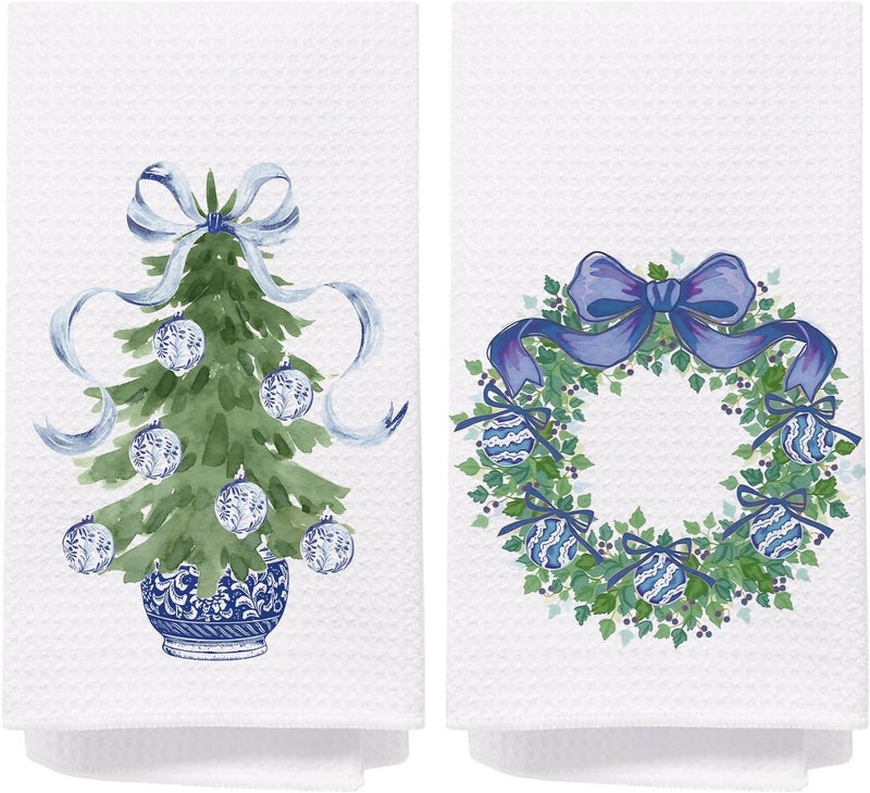 SPBL&L Chinoiserie Christmas Kitchen Towels,Light Blue Bow Coquette Christmas Tree Dish Towels for Kitchen Bathroom, Blue Christmas Hand Towels for Kitchen,Set of 2 Grandmillennial Decor,16x24 Inches - Image 1